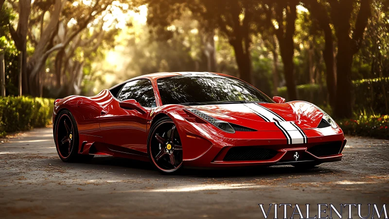 Crimson supercar prowls sunlit avenue in gleaming silence.