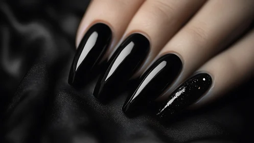 Midnight black manicure glows with sleek, glossy elegance