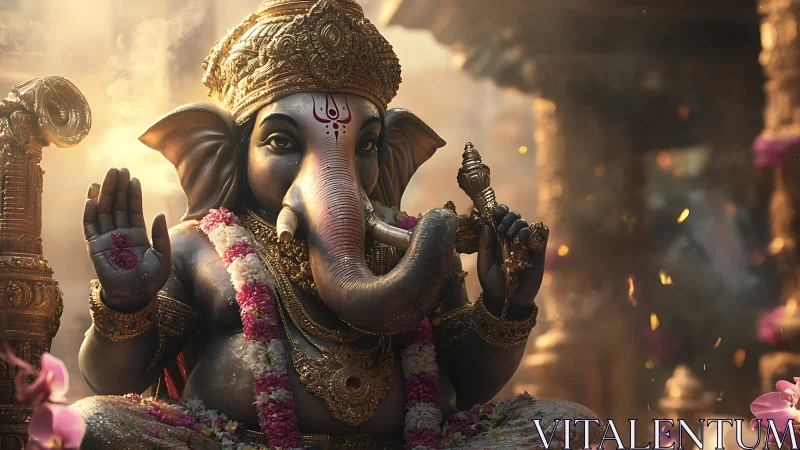 Radiant Ganesha statue glows in warm temple light and incense