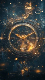 Golden cosmic clock glowing in a dreamy night sky.
