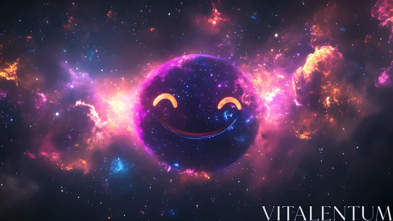 Smiling cosmic planet glows with neon joy in vibrant nebula