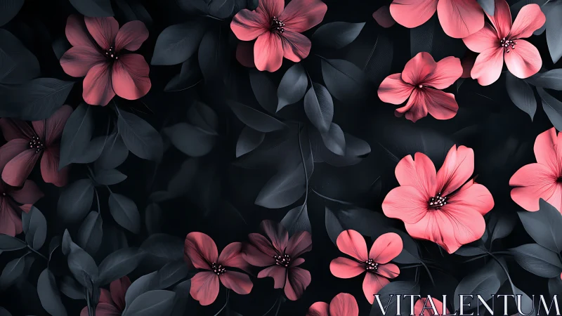 Coral Petaled Blossoms Against Deep Charcoal Foliage. Digital Botanical Study.