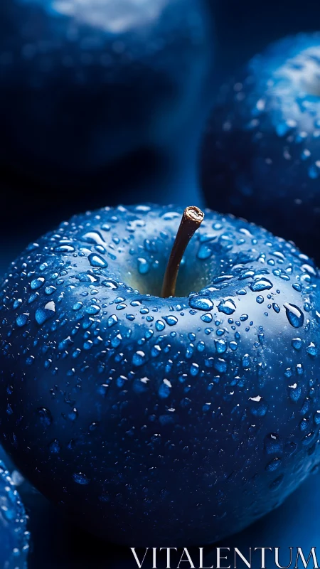 Blue apple macro glows under cool studio droplets.