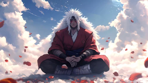 Calm sky warrior meditating among drifting petals and clouds.