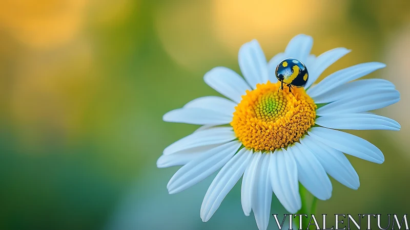 High-magnification macro study of ladybug on white daisy disc