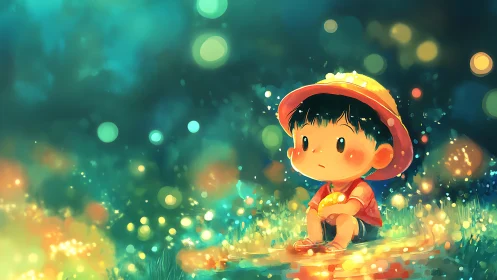 Child in red raincoat by luminous pond under teal bokeh night