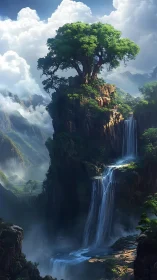Towering cliff tree above cascading mountain waterfalls.