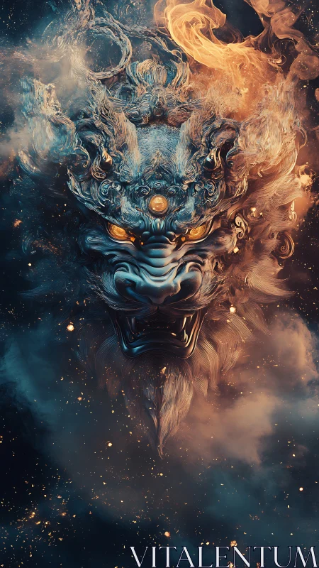 Mythic draconic visage in swirling bicolored elemental nebula