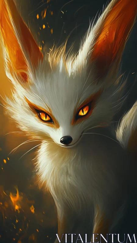 Fiery-eyed white fox stands within drifting embers