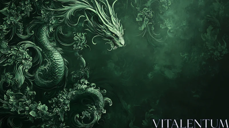 Emerald dragon coils through ornate swirling floral mist