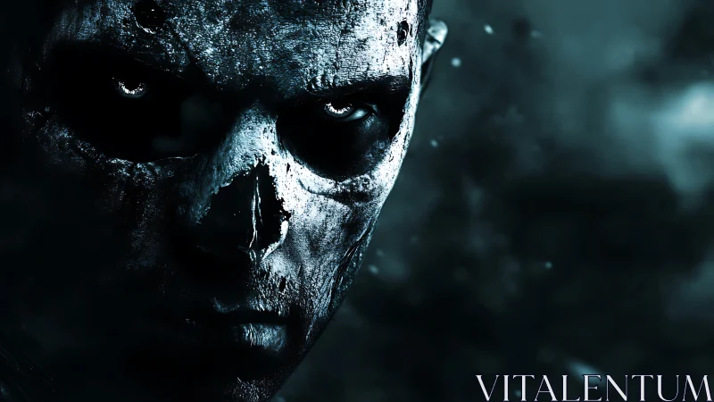 Half-lit skull-like face in high-contrast blue tones.