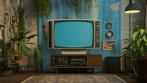 Mid-century CRT television in retro living room plant vignette
