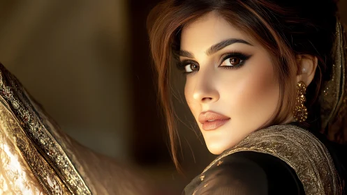 Elegant woman in traditional attire with golden accents, portrait style.