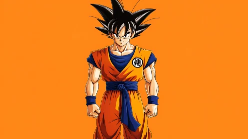 Anime fighter in orange gi on flat orange background.