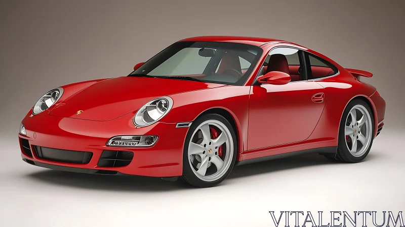 Red sports coupe in studio setting with soft lighting.