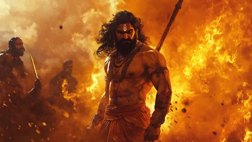 Fire-forged warrior strides through storming embers of war.