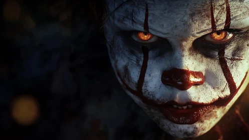 Sinister clown face glares forward with burning orange eyes.