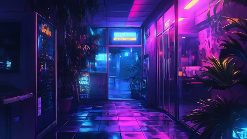 Neon hallway glows with cyberpunk office storefronts.