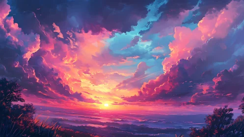 Vivid digital sunset sky with glowing clouds and horizon.
