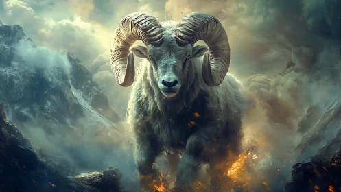 Mythic ram charges through stormlit mountains in firestorm.