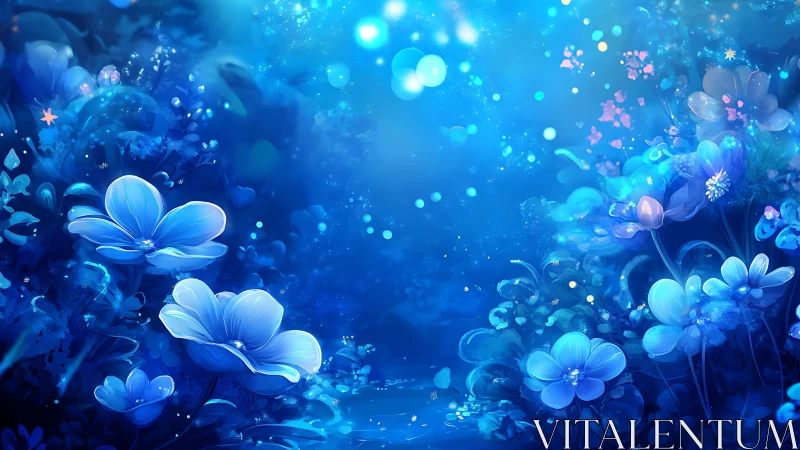Blue luminescent flowers with particle effects in digital space