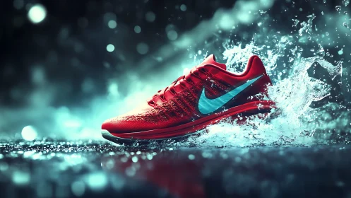 Red running shoe slices through water in dynamic motion