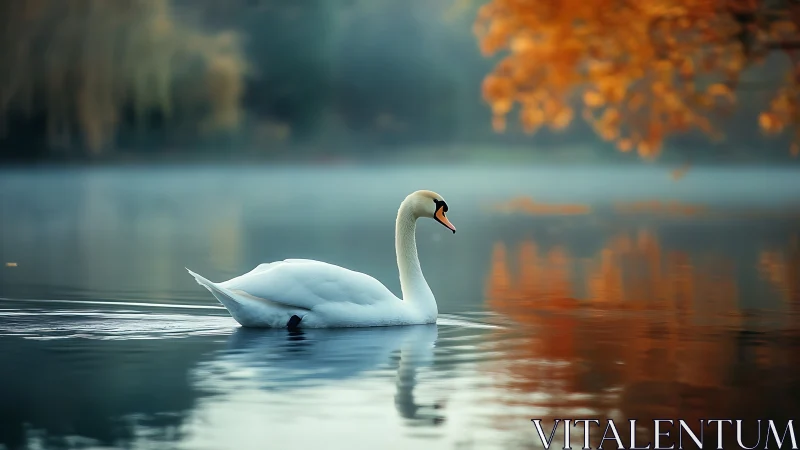 Graceful lake swan gliding through soft autumn morning calm.