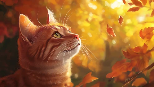 Golden light illuminates a ginger cat observing drifting leaves
