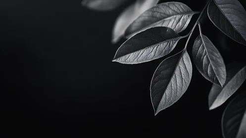 Monochrome leaf cluster catches sidelight over deep black