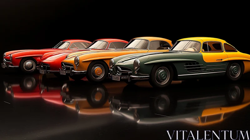 Four classic gullwing coupes aligned on reflective studio floor