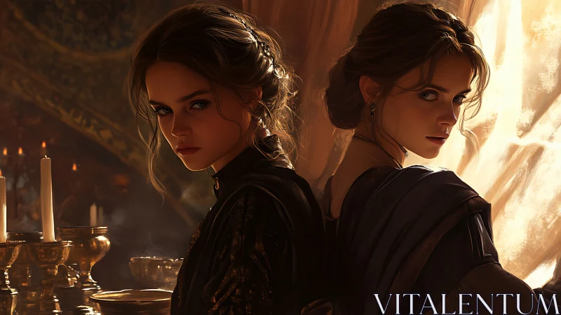 Two women in vintage gowns, dramatic candlelit portrait style.