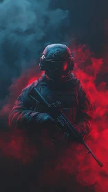 Armored tactical operator framed by dual-tone combat smoke