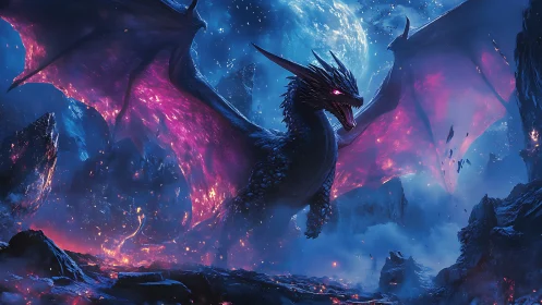 Cosmic dragon soars through glowing volcanic nightscape.