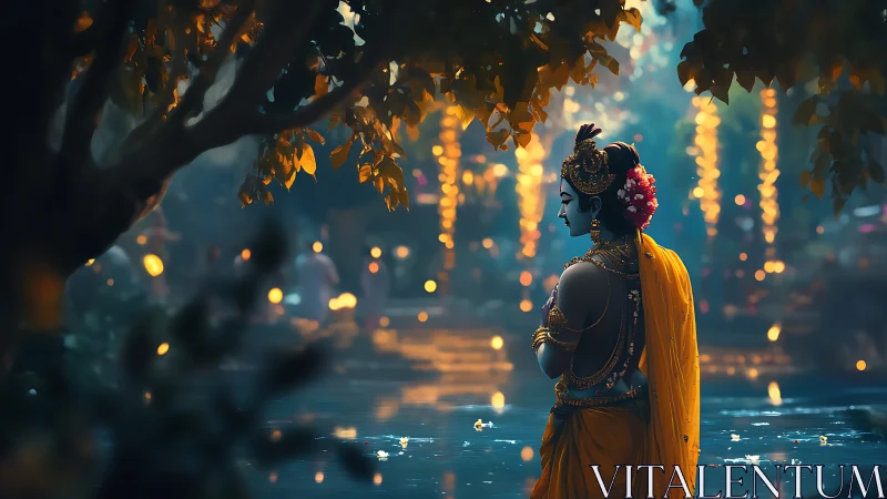 Divine figure in golden robes gazes over a lantern-lit river.