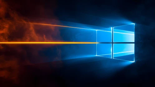 Windows logo glowing with orange and blue light in digital style.