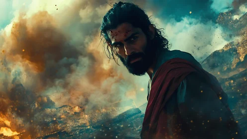 Warrior in smoldering wasteland under fiery storm clouds.