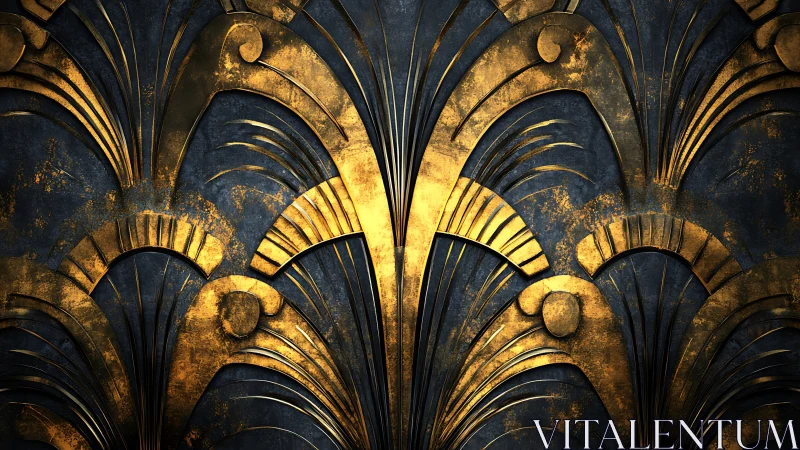 Art Deco gilded relief pattern on dark textured surface.