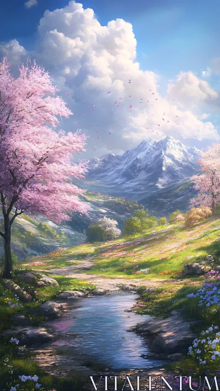 Mountain valley stream with cherry trees in spring light.
