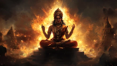 Digital painting of fiery seated deity amid temple ruins.