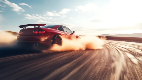 Red sports coupe drifting on curved track at sunset.