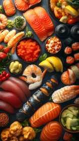 Colorful sushi feast with fresh salmon, shrimp, and rolls.