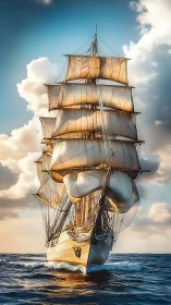 Majestic tall ship under full canvas on sunlit open sea.