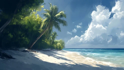 Tropical Beach Lagoon with Palm Trees and Azure Waters.