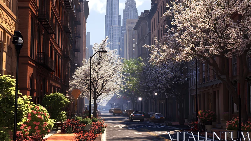 Spring sunlight transforms quiet city brownstone avenue