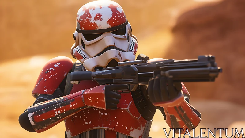 Armored sci fi soldier aims blaster in desert canyon.