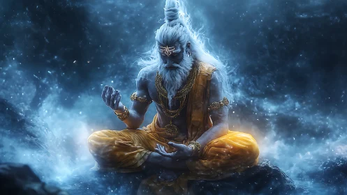 Mystical blue yogi in deep meditation within glowing mist.
