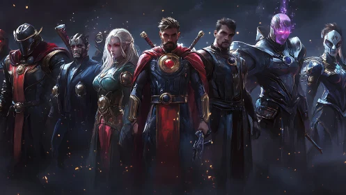 Armored sorcerer team stands in smoky battlefield lineup