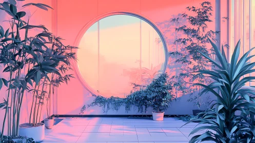 Soft sunrise window garden washed in pink and blue light.