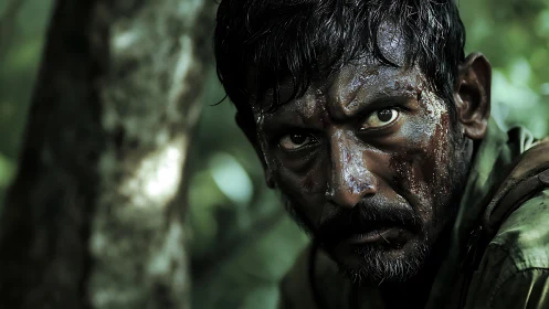 Scarred jungle survivor locking eyes with the unseen watcher.