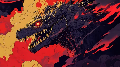 Infernal kaiju head emerges amid stylized eruptive flames